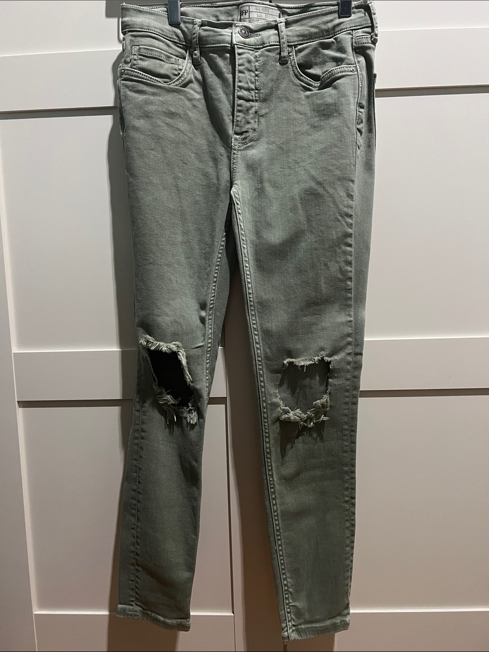 Free People Distressed Skinny Jeans in Sage Green